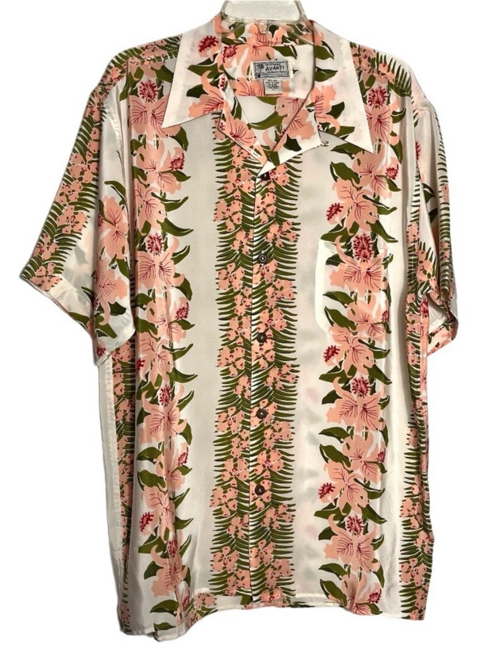 Avanti Silk Hawaiian Shirt L Ivory Coral Pristine Floral Crepe De Chine